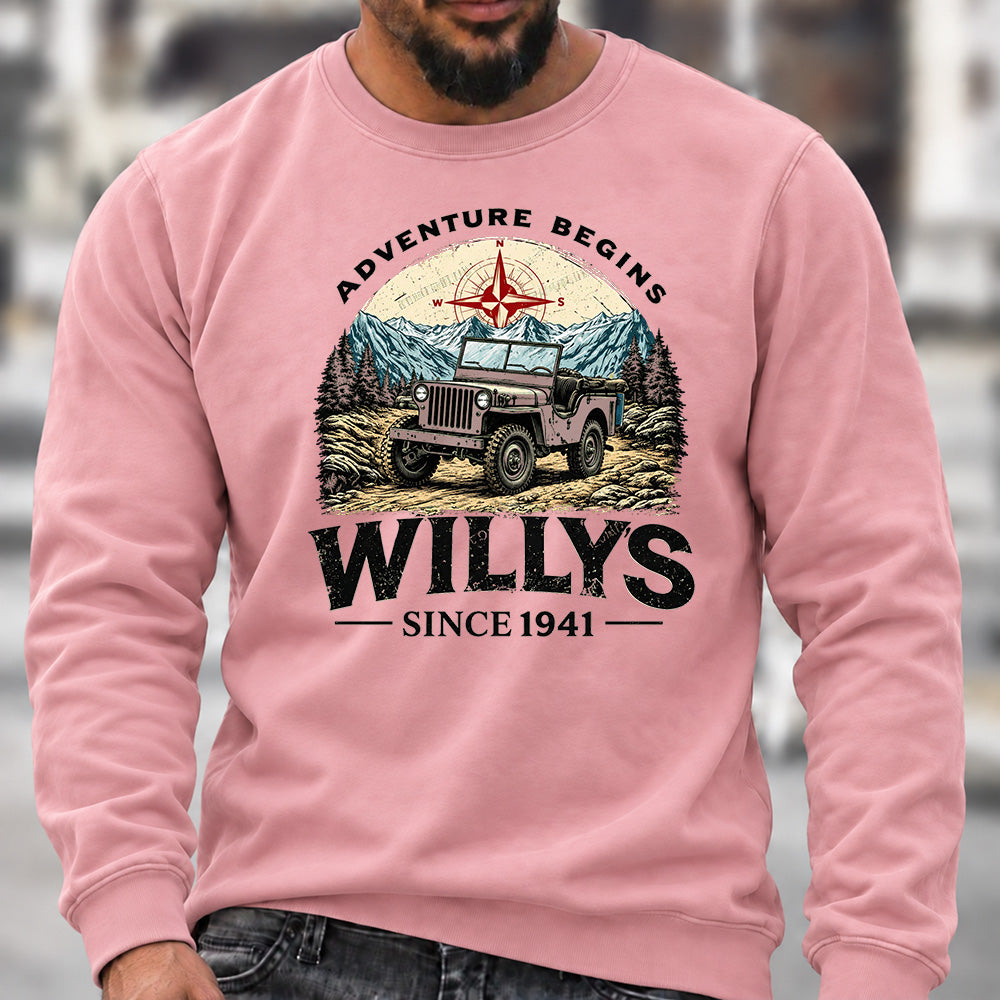 Willys Since 1941 Crew Neck Sweatshirt, Vintage Willys Jeep Men’s Graphic Casual Long Sleeve Pullover Top