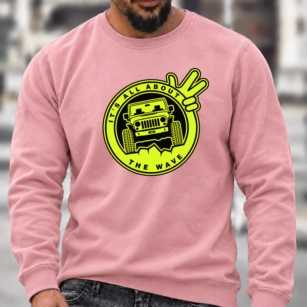 Men’s Crew Neck Sweatshirt, It's All About The Wave Jeep Wave Offroad Graphic Pullover, Jeep Lover Casual Long Sleeve Top