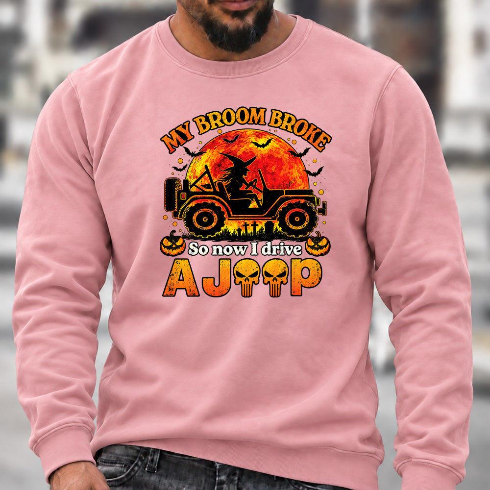 Men’s Crew Neck Sweatshirt, My Broom Broke So Now I Drive A Jeep Halloween Witch Offroad Graphic Pullover, Halloween Jeep Lover Casual Top