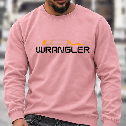 Men’s Crew Neck Sweatshirt, Jeep Wrangler Vehicle Silhouette Graphic Pullover, Wrangler Owner Casual Offroad Top
