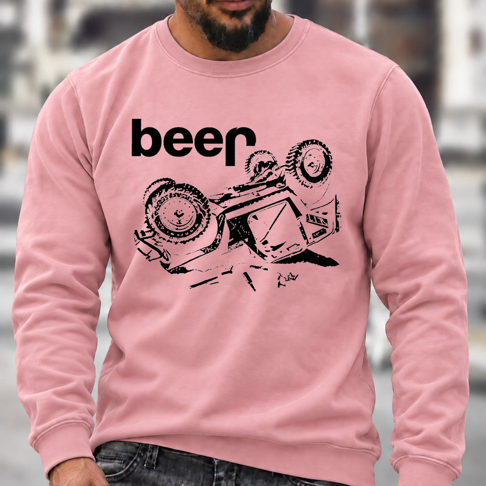 Funny Beer Jeep Rollover Crew Neck Sweatshirt, Offroad Men’s Graphic Casual Long Sleeve Pullover