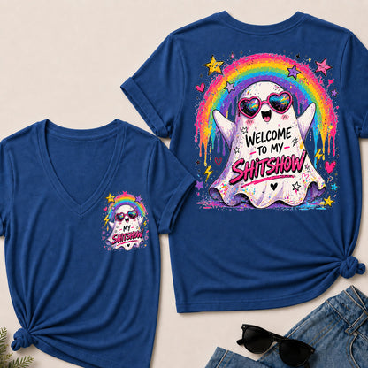 Women’s Welcome To My Show V‑Neck Graphic T‑Shirt, Cute Rainbow Ghost Funny Short Sleeve Tee, Front & Back Print Casual Top