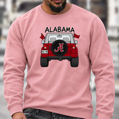 Men’s Crew Neck Sweatshirt, Alabama Roll Tide Themed Jeep Rear View Graphic Pullover, Football Fan Casual Offroad Top