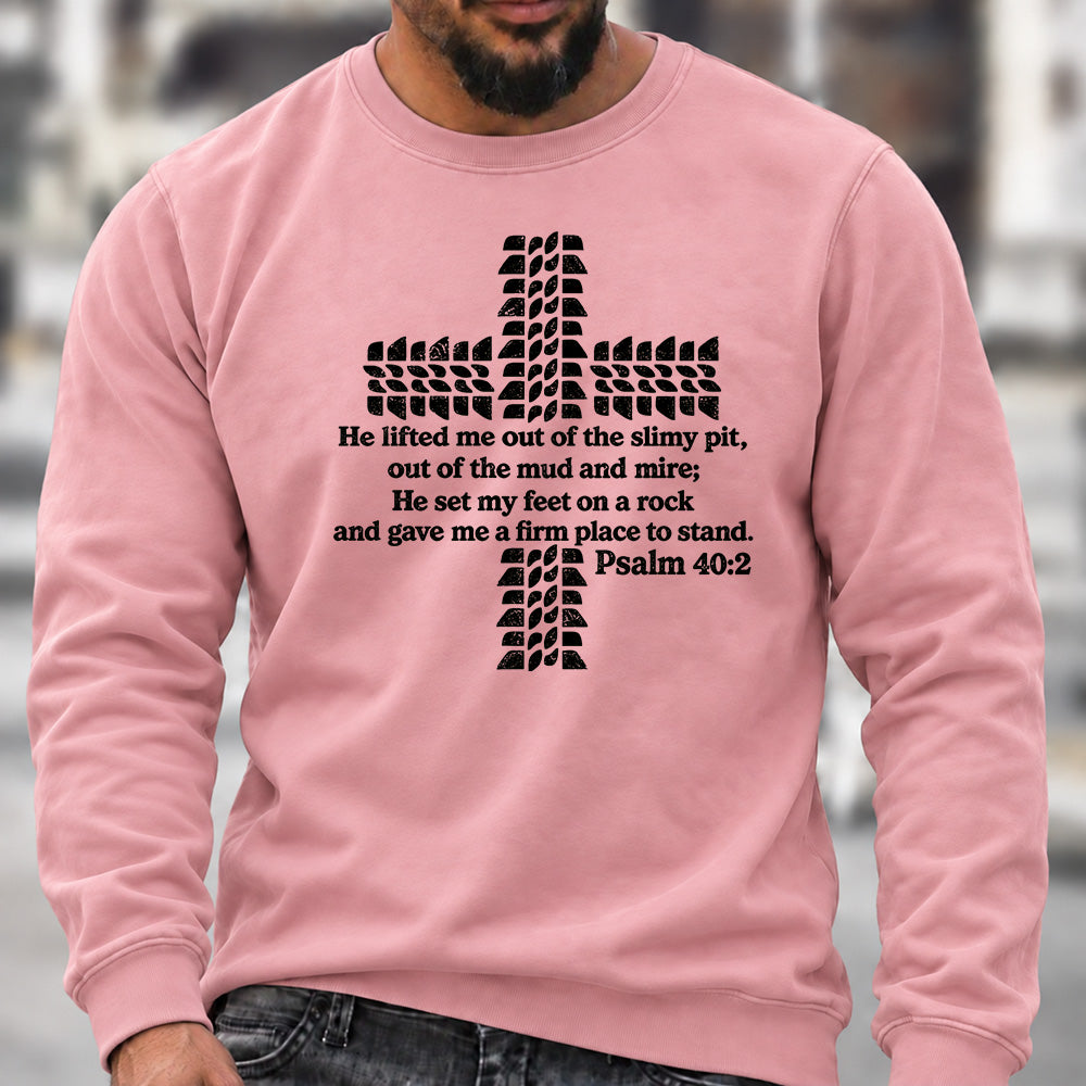 Men’s Crew Neck Sweatshirt, Psalm 40:2 Bible Verse Tire Tread Cross Graphic Pullover, Christian Offroad Faith Casual Top
