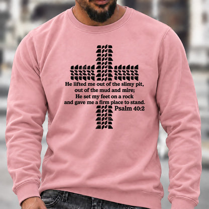 Men’s Crew Neck Sweatshirt, Psalm 40:2 Bible Verse Tire Tread Cross Graphic Pullover, Christian Offroad Faith Casual Top