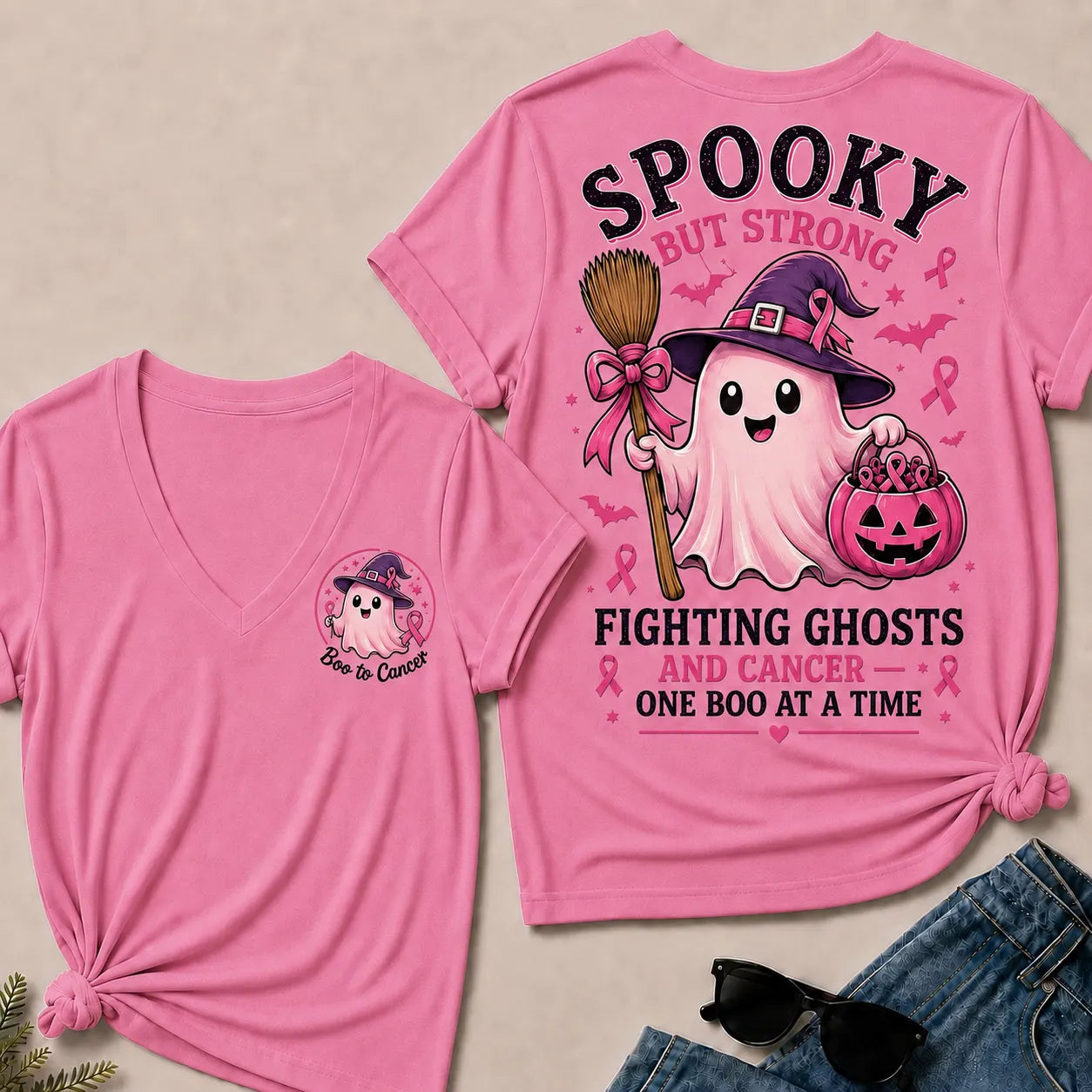 "Fighting Ghosts and Cancer – One BOO at a Time" V-Neck Tee