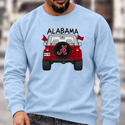 Men’s Crew Neck Sweatshirt, Alabama Roll Tide Themed Jeep Rear View Graphic Pullover, Football Fan Casual Offroad Top