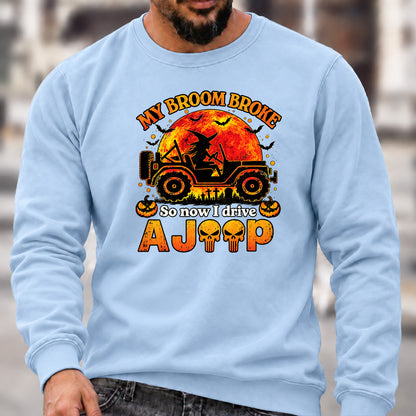 Men’s Crew Neck Sweatshirt, My Broom Broke So Now I Drive A Jeep Halloween Witch Offroad Graphic Pullover, Halloween Jeep Lover Casual Top