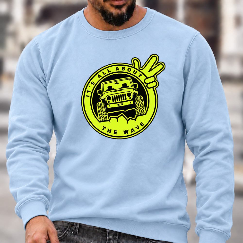 Men’s Crew Neck Sweatshirt, It's All About The Wave Jeep Wave Offroad Graphic Pullover, Jeep Lover Casual Long Sleeve Top