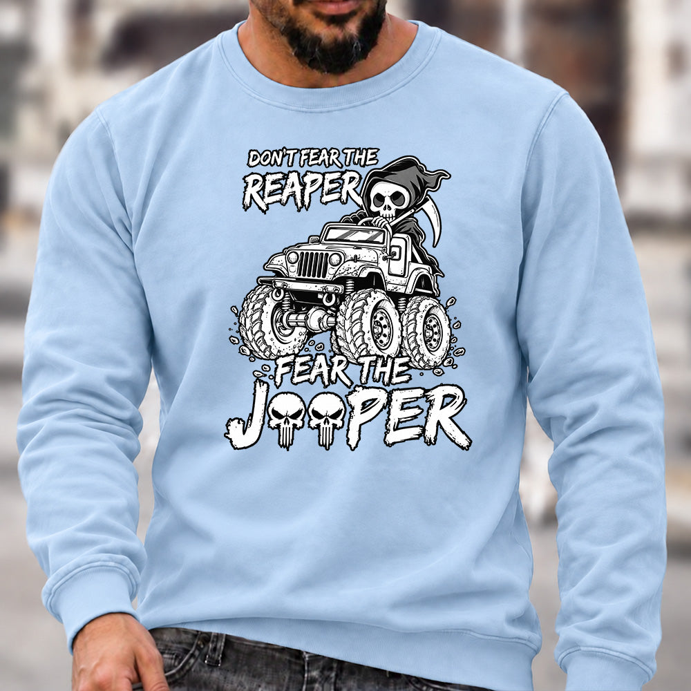 Don't Fear The Reaper Fear The Jeeper Crew Neck Sweatshirt, Men’s Grim Reaper Jeep Graphic Casual Long Sleeve Pullover Top