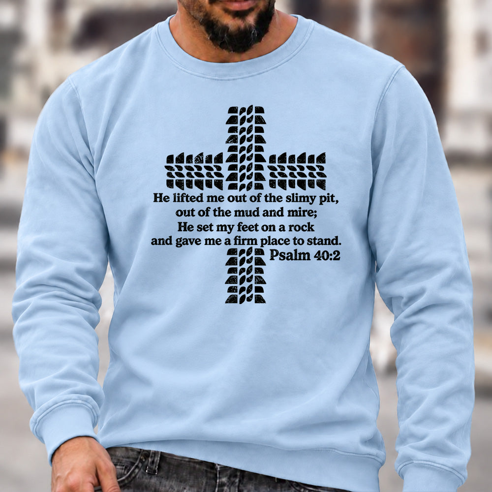 Men’s Crew Neck Sweatshirt, Psalm 40:2 Bible Verse Tire Tread Cross Graphic Pullover, Christian Offroad Faith Casual Top