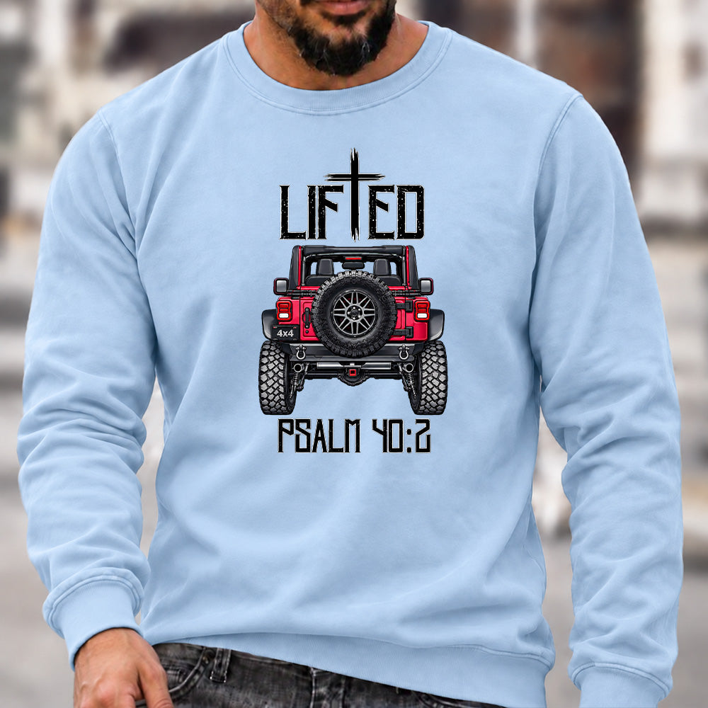 Lifted Psalm 40:2 Crew Neck Sweatshirt, Christian Offroad Jeep Men’s Graphic Casual Long Sleeve Pullover