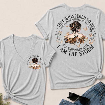 Women’s I Am The Storm V‑Neck Graphic T‑Shirt, Inspirational Butterfly Quote Short Sleeve Tee, Front & Back Print Casual Top