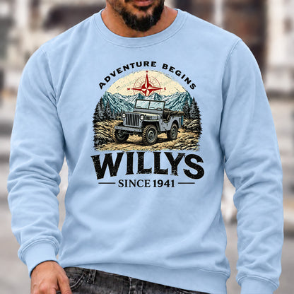 Willys Since 1941 Crew Neck Sweatshirt, Vintage Willys Jeep Men’s Graphic Casual Long Sleeve Pullover Top