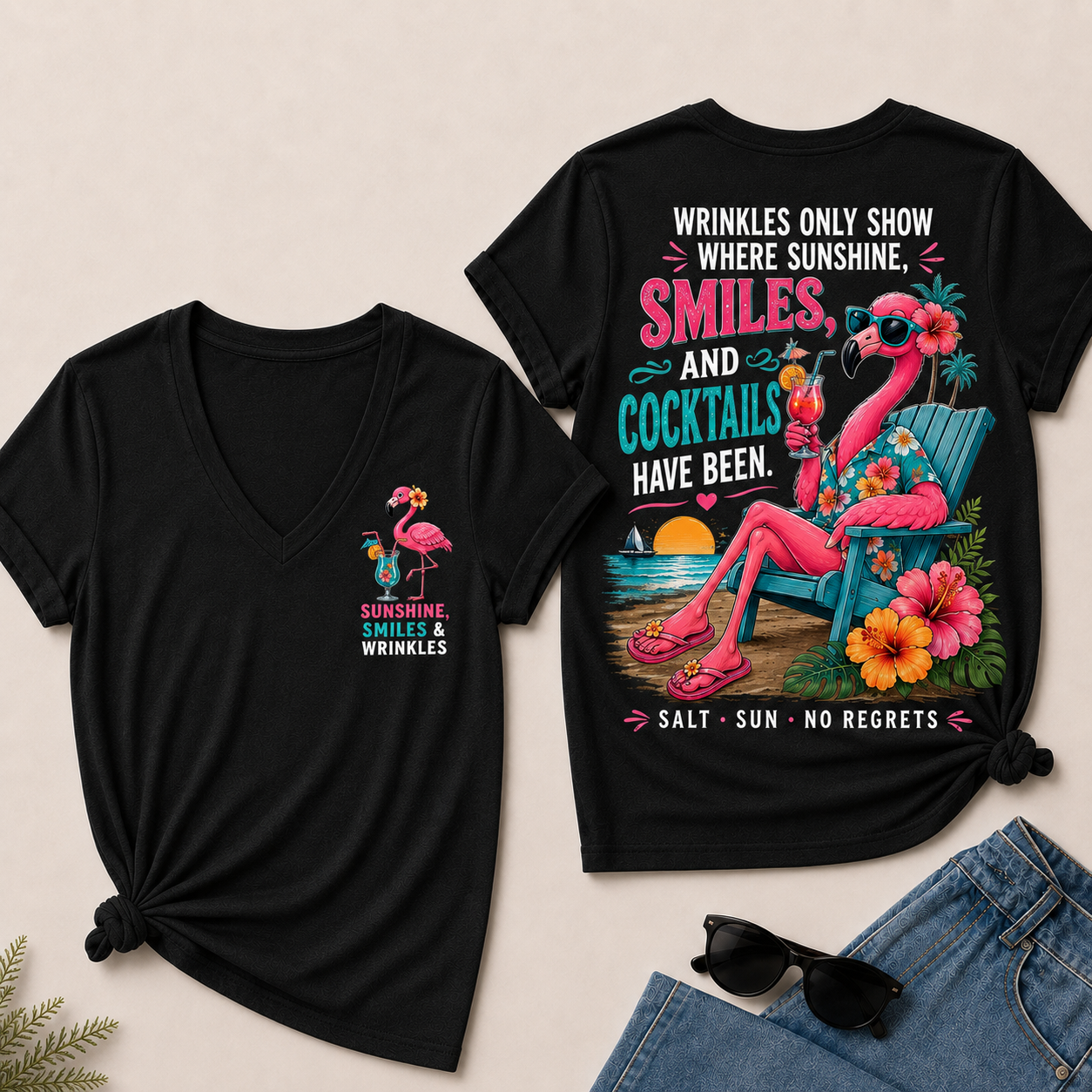 Wrinkles Only Show Where Sunshine, Smiles & Cocktails Have Been V-Neck T-Shirt