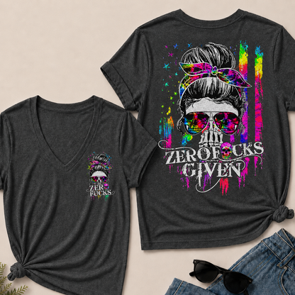 Women’s Zero Given V‑Neck Graphic T‑Shirt, Messy Bun Skull Tie Dye Rainbow Print Short Sleeve Casual Top, Front & Back Print Tee