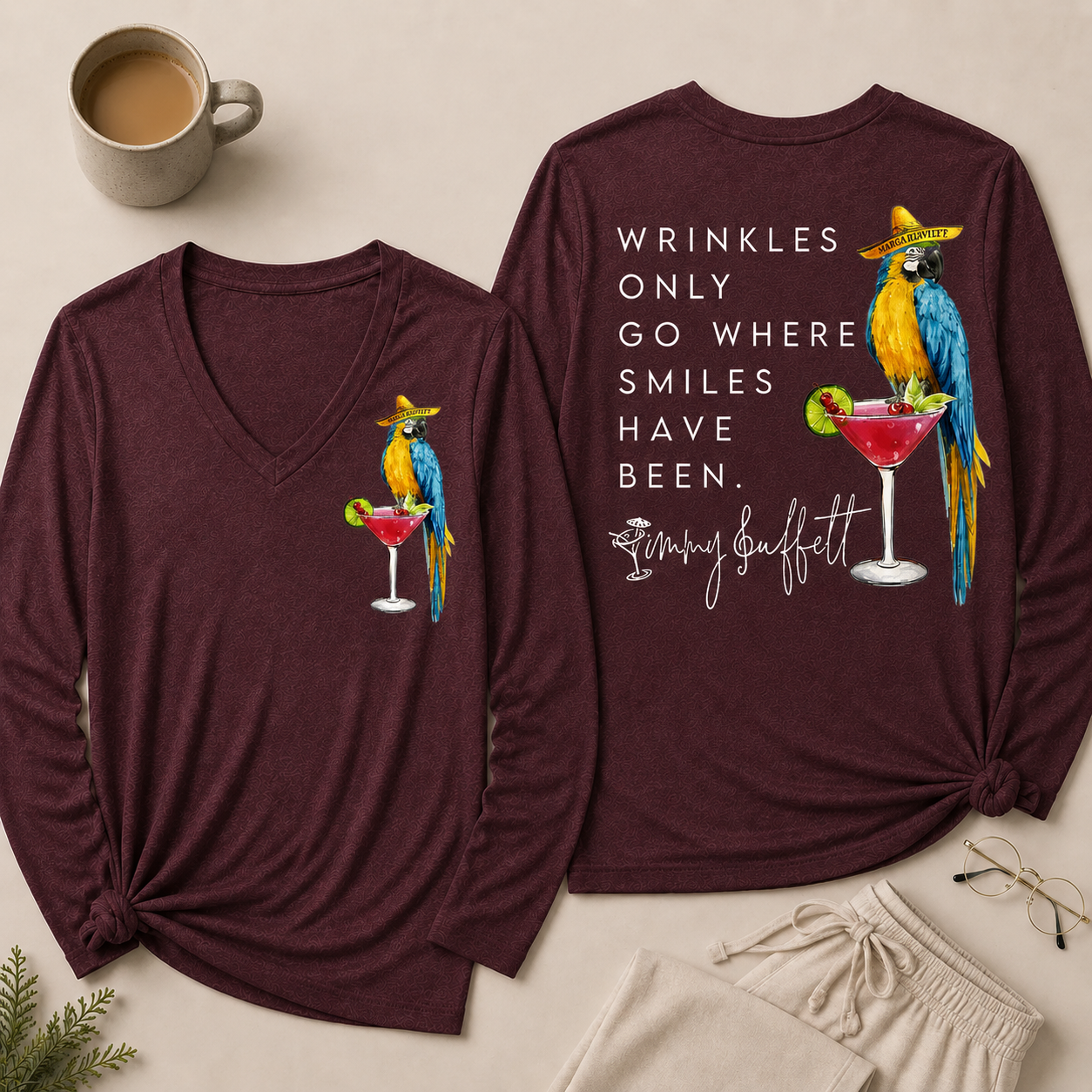 Wrinkles Only Go Where Smiles Have Been V Neck Long Sleeve Shirt