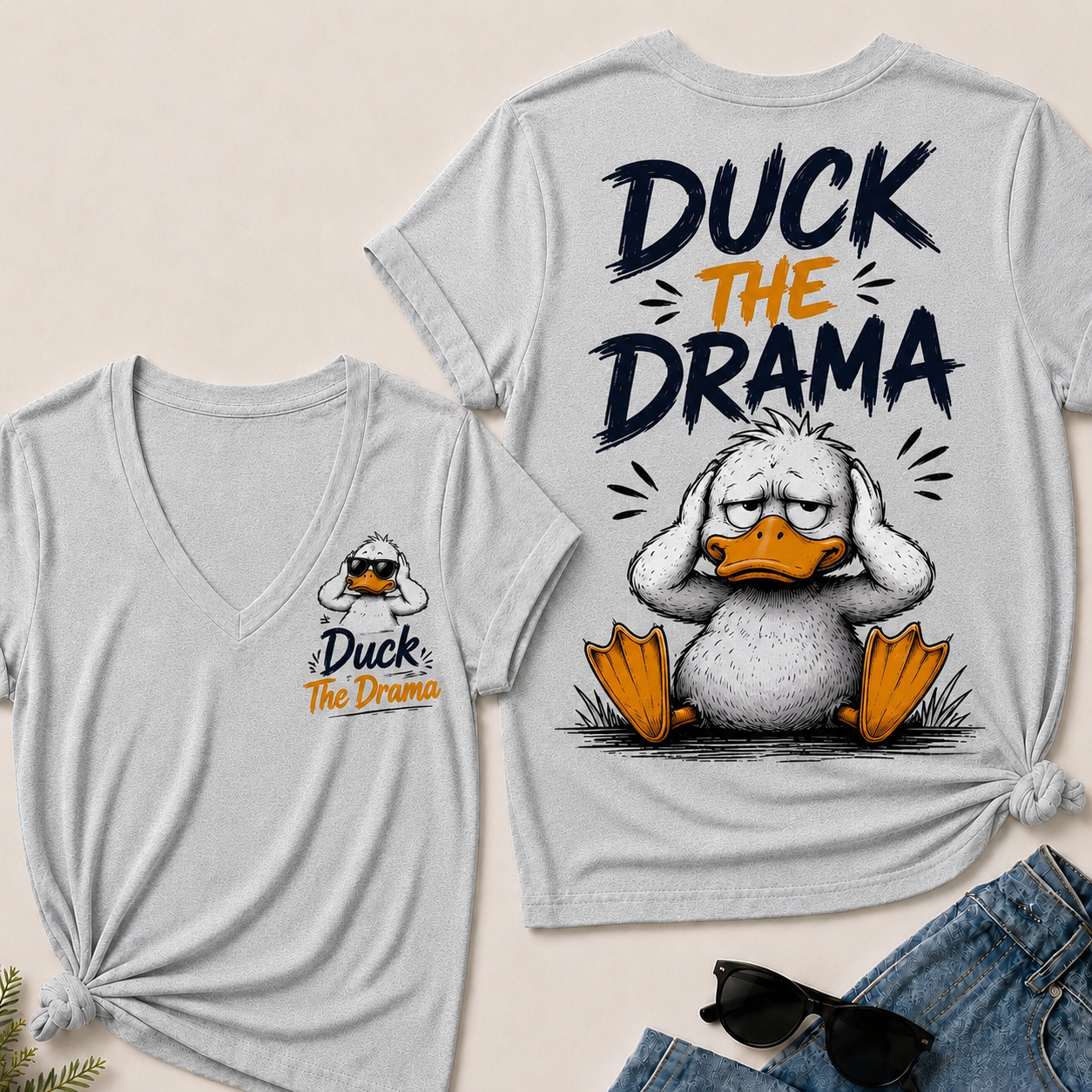 "Duck The Drama" Funny Duck V-Neck Tee
