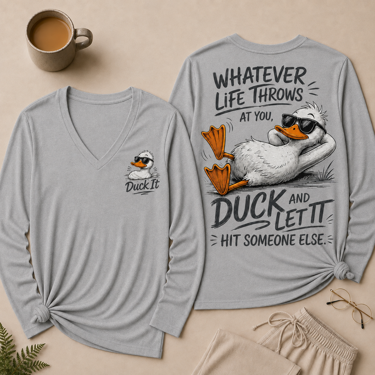 Whatever Life Throws at You – Duck It V-Neck Long Sleeve Shirts