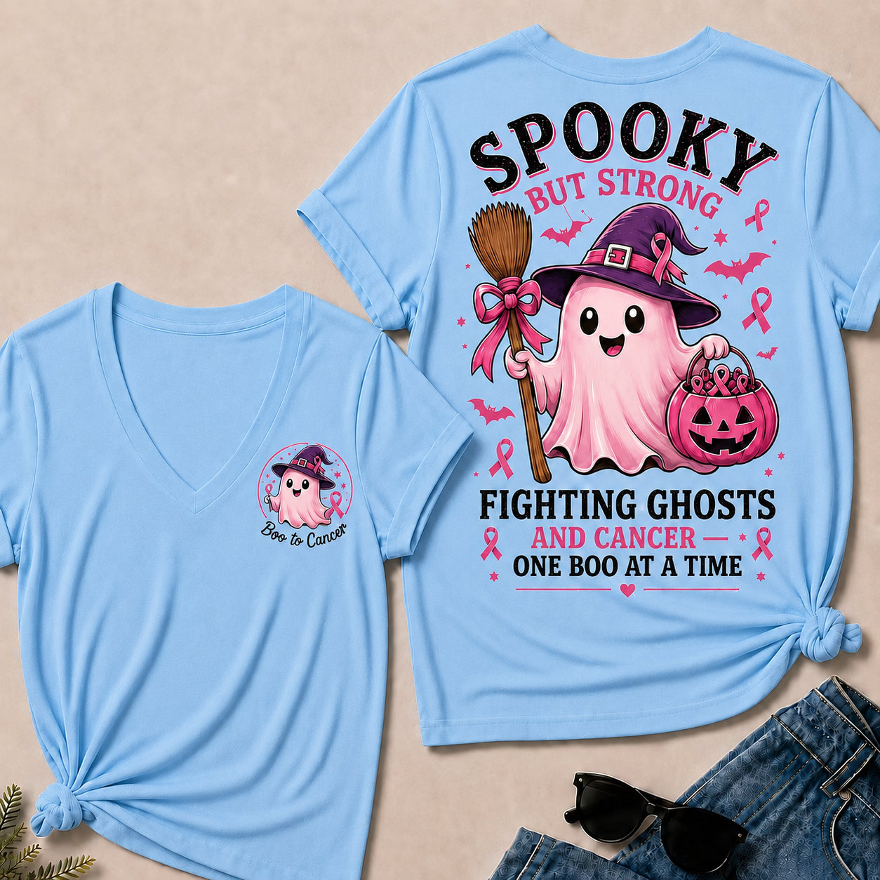 "Fighting Ghosts and Cancer – One BOO at a Time" V-Neck Tee