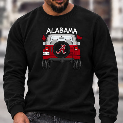 Men’s Crew Neck Sweatshirt, Alabama Roll Tide Themed Jeep Rear View Graphic Pullover, Football Fan Casual Offroad Top