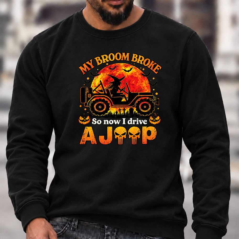Men’s Crew Neck Sweatshirt, My Broom Broke So Now I Drive A Jeep Halloween Witch Offroad Graphic Pullover, Halloween Jeep Lover Casual Top