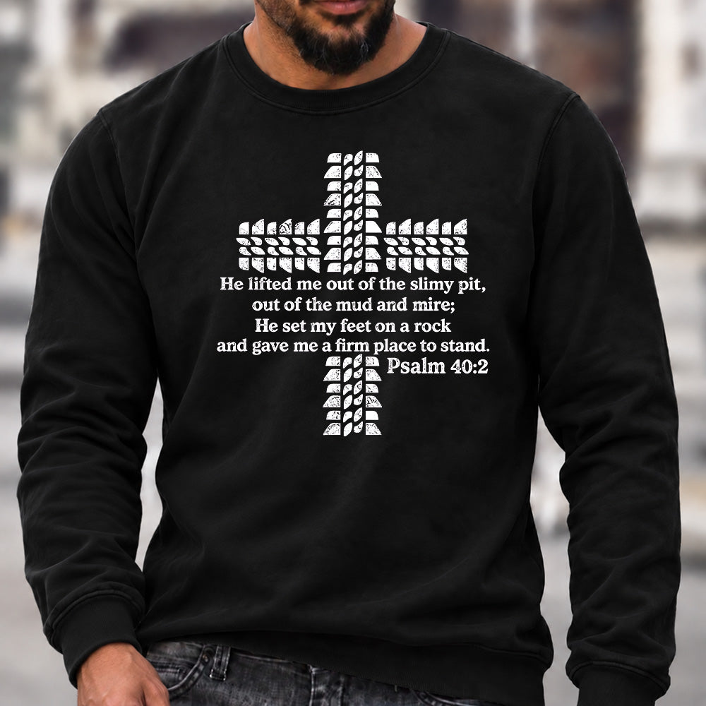 Men’s Crew Neck Sweatshirt, Psalm 40:2 Bible Verse Tire Tread Cross Graphic Pullover, Christian Offroad Faith Casual Top