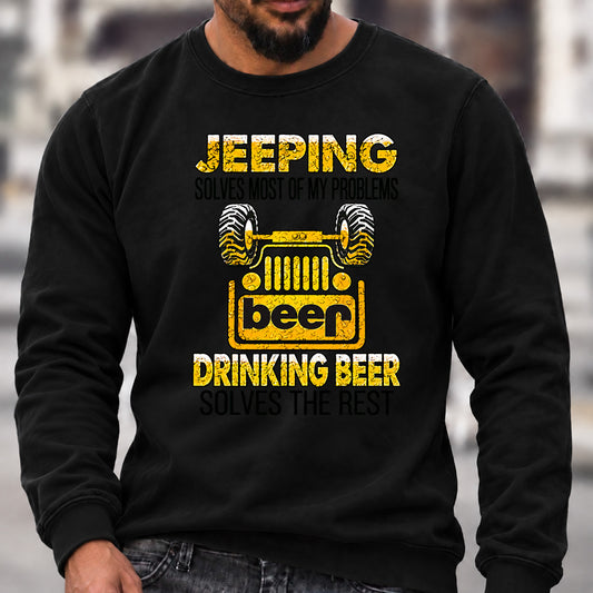 Jeeping Solves Most Problems Crew Neck Sweatshirt, Jeep Beer Men’s Graphic Casual Long Sleeve Pullover Top