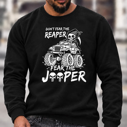 Don't Fear The Reaper Fear The Jeeper Crew Neck Sweatshirt, Men’s Grim Reaper Jeep Graphic Casual Long Sleeve Pullover Top