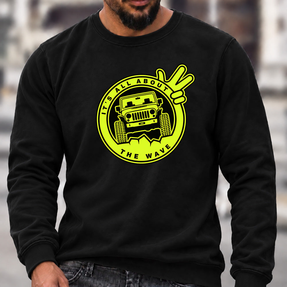 Men’s Crew Neck Sweatshirt, It's All About The Wave Jeep Wave Offroad Graphic Pullover, Jeep Lover Casual Long Sleeve Top