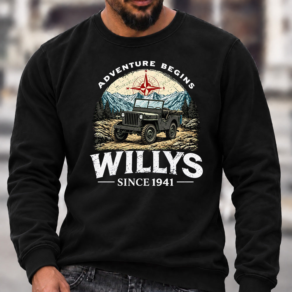 Willys Since 1941 Crew Neck Sweatshirt, Vintage Willys Jeep Men’s Graphic Casual Long Sleeve Pullover Top