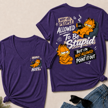 Women’s Funny Garfield V‑Neck Graphic T‑Shirt, Sarcastic Quote Short Sleeve Tee, Front & Back Print Casual Top