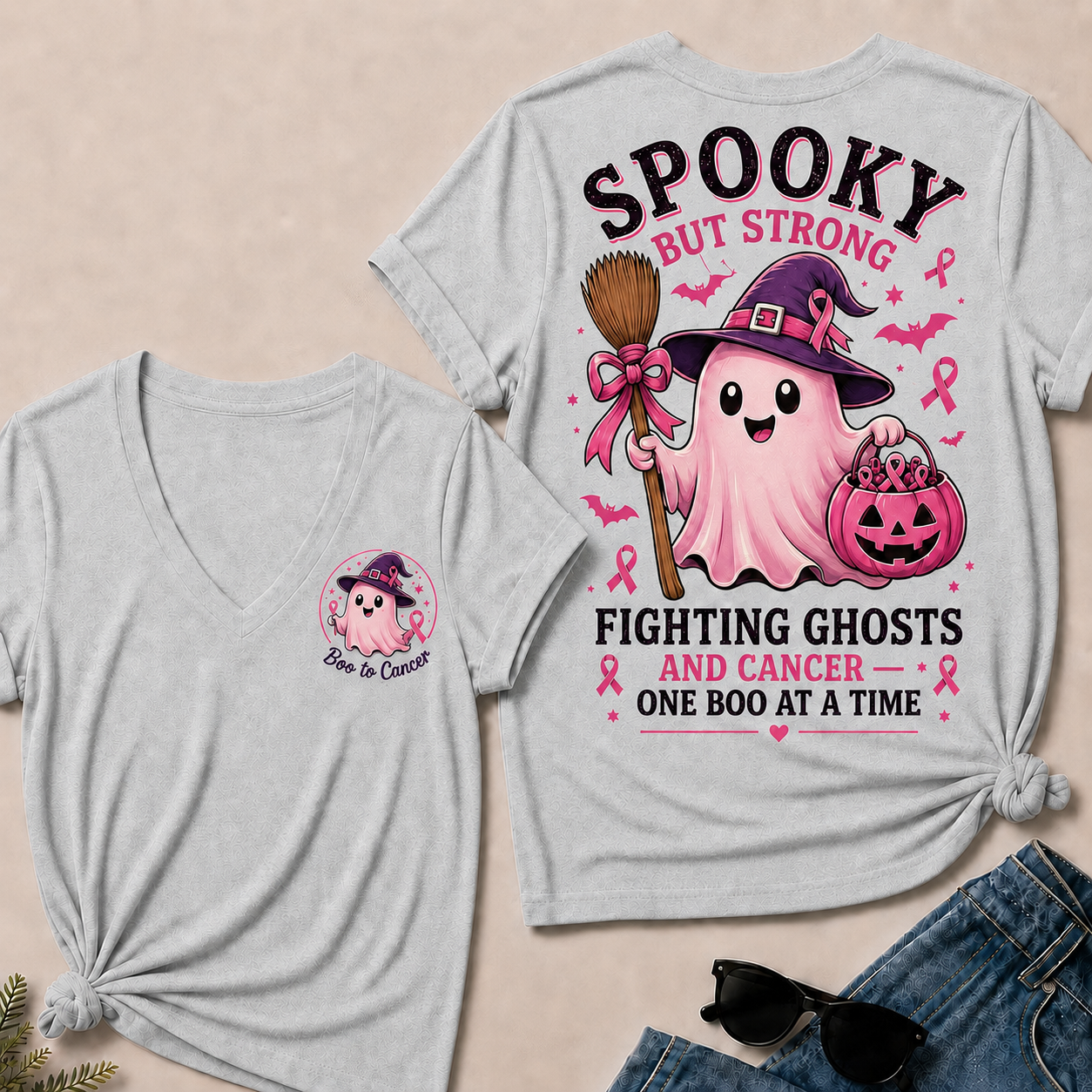 "Fighting Ghosts and Cancer – One BOO at a Time" V-Neck Tee