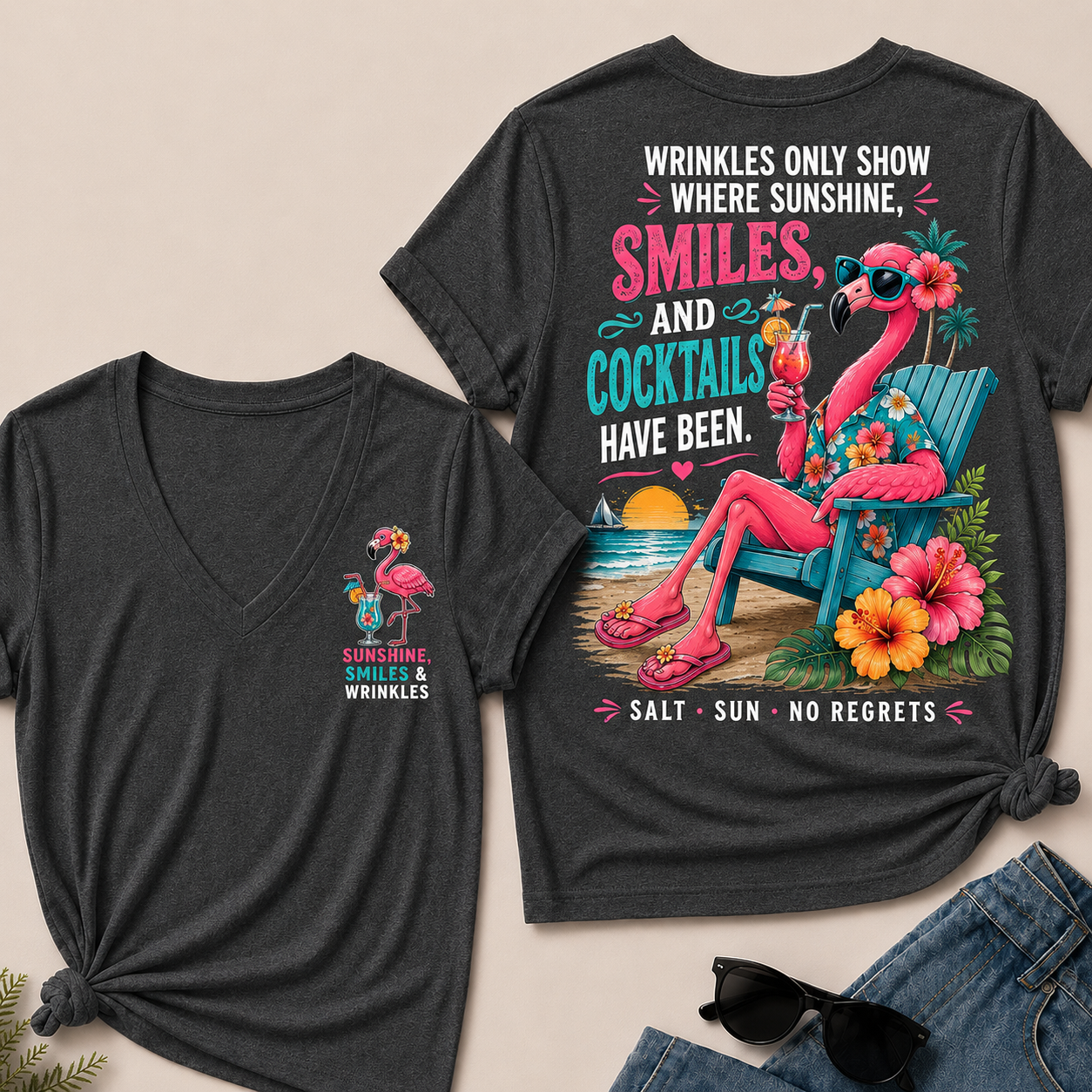 Wrinkles Only Show Where Sunshine, Smiles & Cocktails Have Been V-Neck T-Shirt