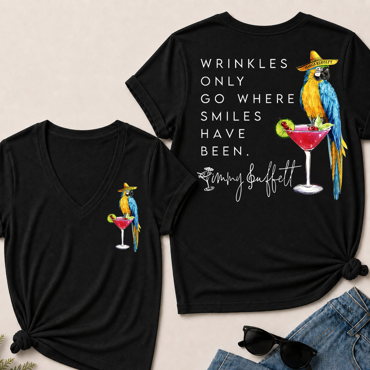 Wrinkles Only Go Where Smiles Have Been – Jimmy Buffett Tribute V-Neck T-Shirt