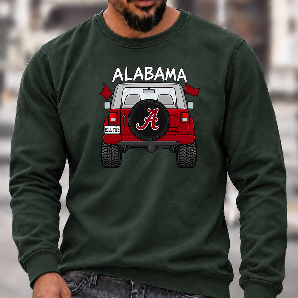 Men’s Crew Neck Sweatshirt, Alabama Roll Tide Themed Jeep Rear View Graphic Pullover, Football Fan Casual Offroad Top