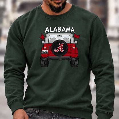Men’s Crew Neck Sweatshirt, Alabama Roll Tide Themed Jeep Rear View Graphic Pullover, Football Fan Casual Offroad Top