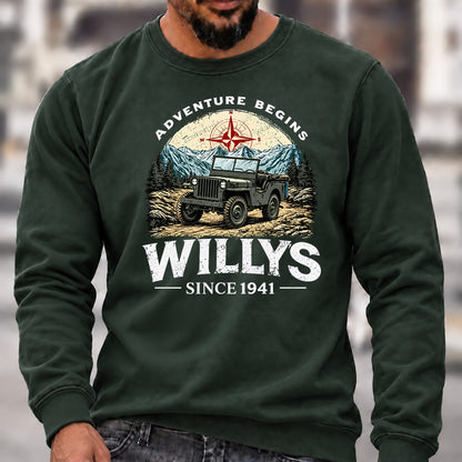 Willys Since 1941 Crew Neck Sweatshirt, Vintage Willys Jeep Men’s Graphic Casual Long Sleeve Pullover Top