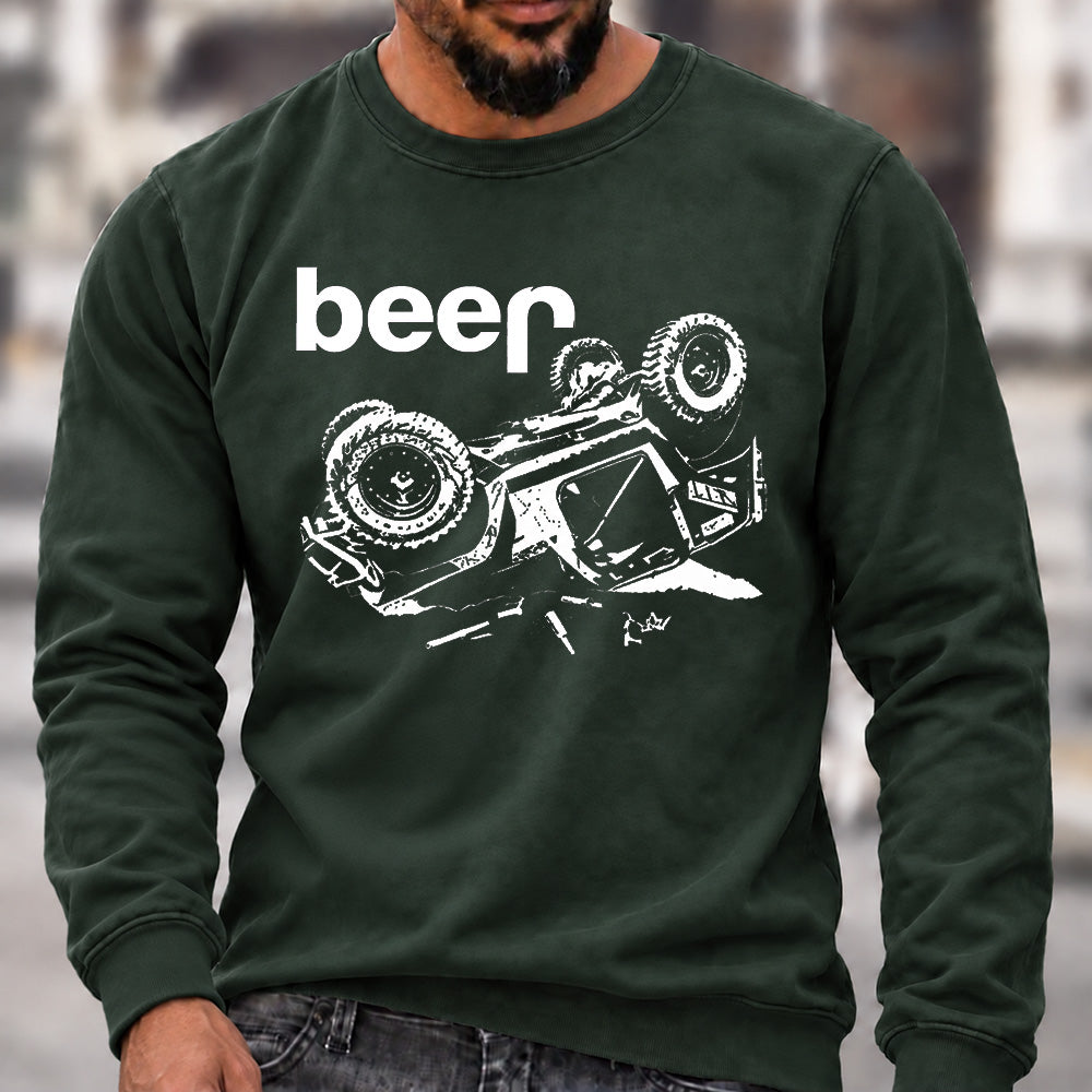 Funny Beer Jeep Rollover Crew Neck Sweatshirt, Offroad Men’s Graphic Casual Long Sleeve Pullover