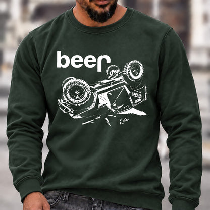 Funny Beer Jeep Rollover Crew Neck Sweatshirt, Offroad Men’s Graphic Casual Long Sleeve Pullover