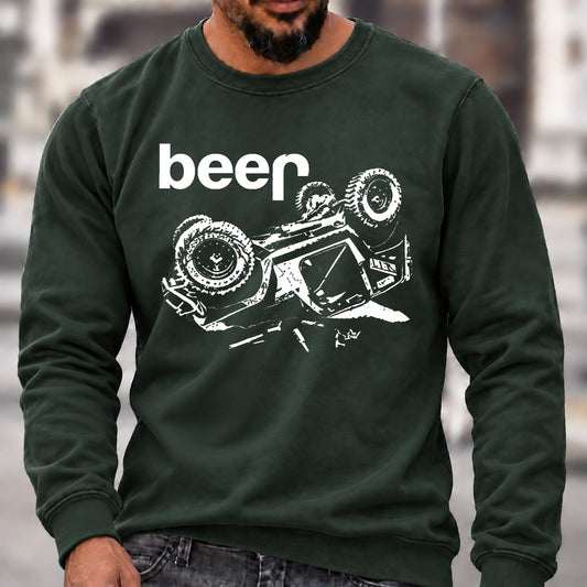 Funny Beer Jeep Rollover Crew Neck Sweatshirt, Offroad Men’s Graphic Casual Long Sleeve Pullover