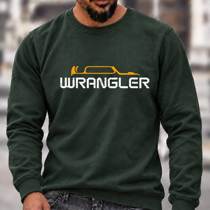 Men’s Crew Neck Sweatshirt, Jeep Wrangler Vehicle Silhouette Graphic Pullover, Wrangler Owner Casual Offroad Top