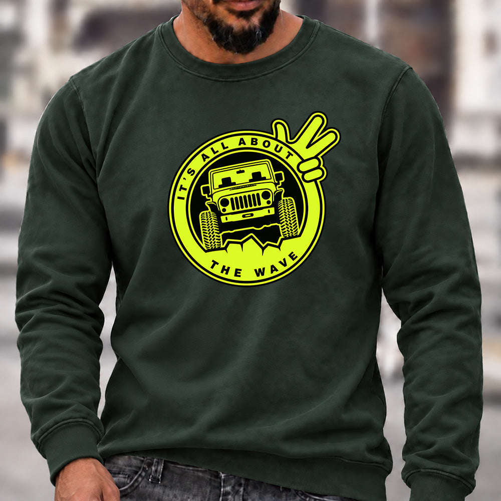 Men’s Crew Neck Sweatshirt, It's All About The Wave Jeep Wave Offroad Graphic Pullover, Jeep Lover Casual Long Sleeve Top