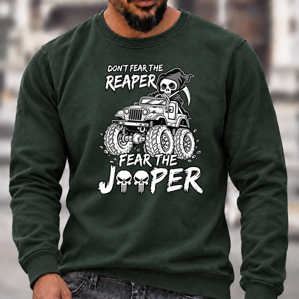 Don't Fear The Reaper Fear The Jeeper Crew Neck Sweatshirt, Men’s Grim Reaper Jeep Graphic Casual Long Sleeve Pullover Top