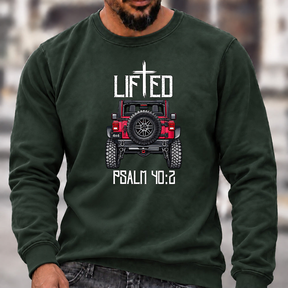 Lifted Psalm 40:2 Crew Neck Sweatshirt, Christian Offroad Jeep Men’s Graphic Casual Long Sleeve Pullover