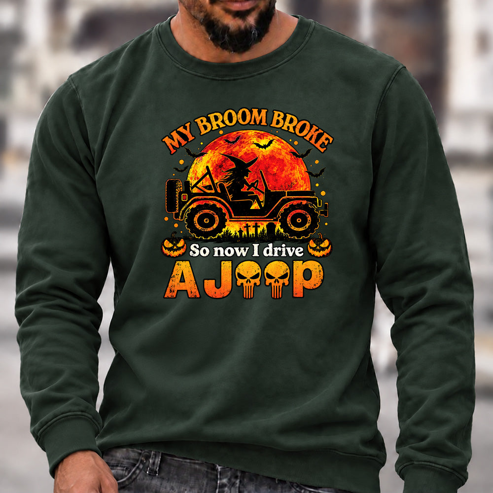Men’s Crew Neck Sweatshirt, My Broom Broke So Now I Drive A Jeep Halloween Witch Offroad Graphic Pullover, Halloween Jeep Lover Casual Top