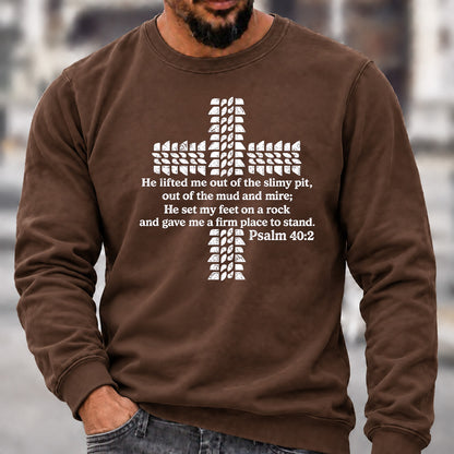Men’s Crew Neck Sweatshirt, Psalm 40:2 Bible Verse Tire Tread Cross Graphic Pullover, Christian Offroad Faith Casual Top