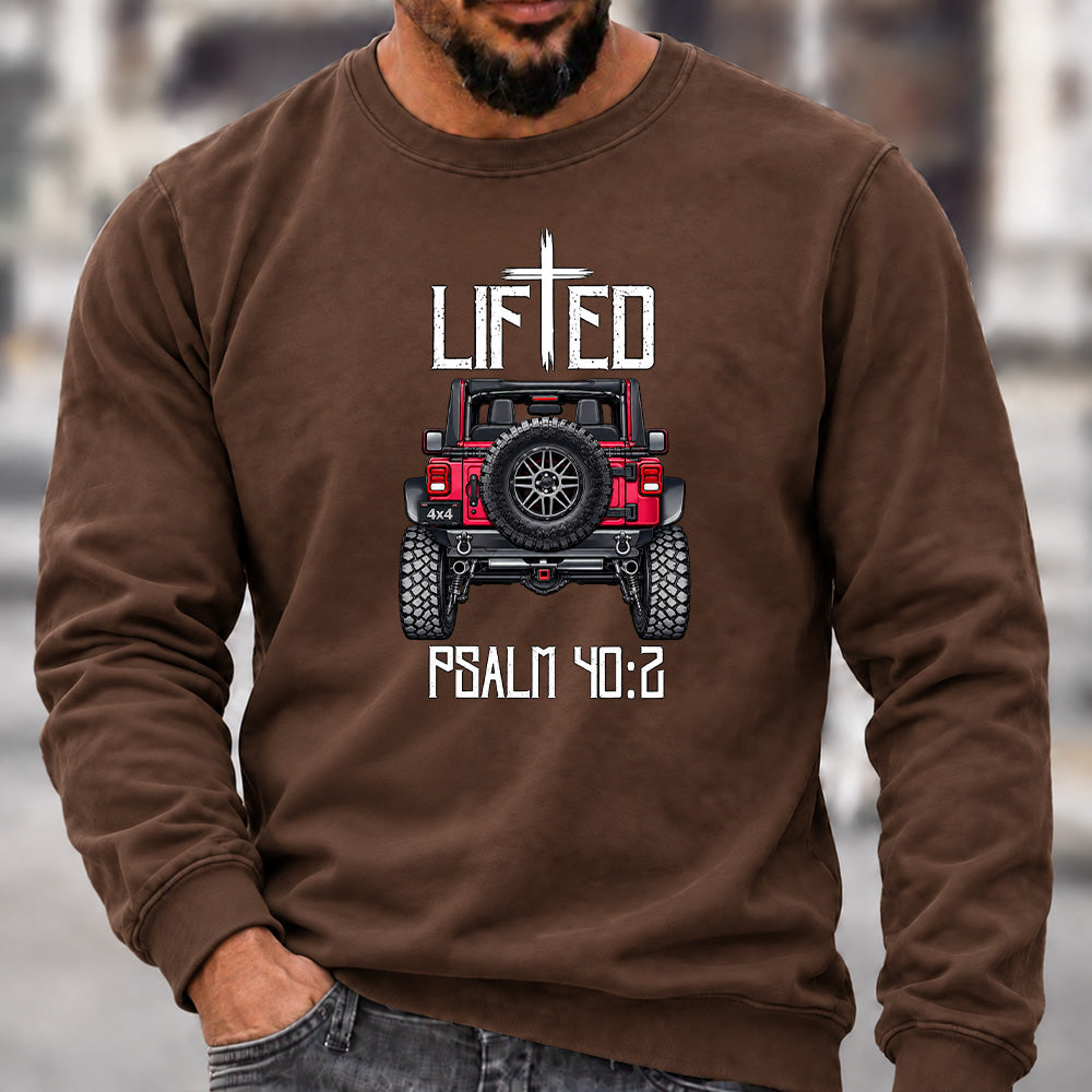 Lifted Psalm 40:2 Crew Neck Sweatshirt, Christian Offroad Jeep Men’s Graphic Casual Long Sleeve Pullover