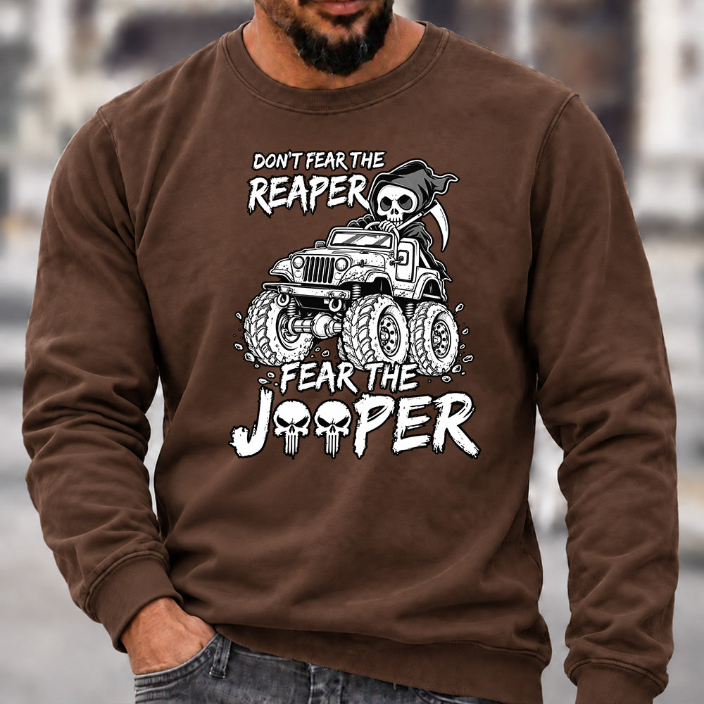 Don't Fear The Reaper Fear The Jeeper Crew Neck Sweatshirt, Men’s Grim Reaper Jeep Graphic Casual Long Sleeve Pullover Top