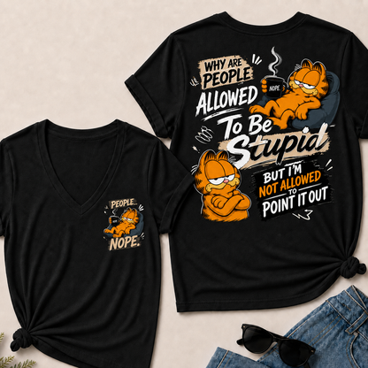 Women’s Funny Garfield V‑Neck Graphic T‑Shirt, Sarcastic Quote Short Sleeve Tee, Front & Back Print Casual Top